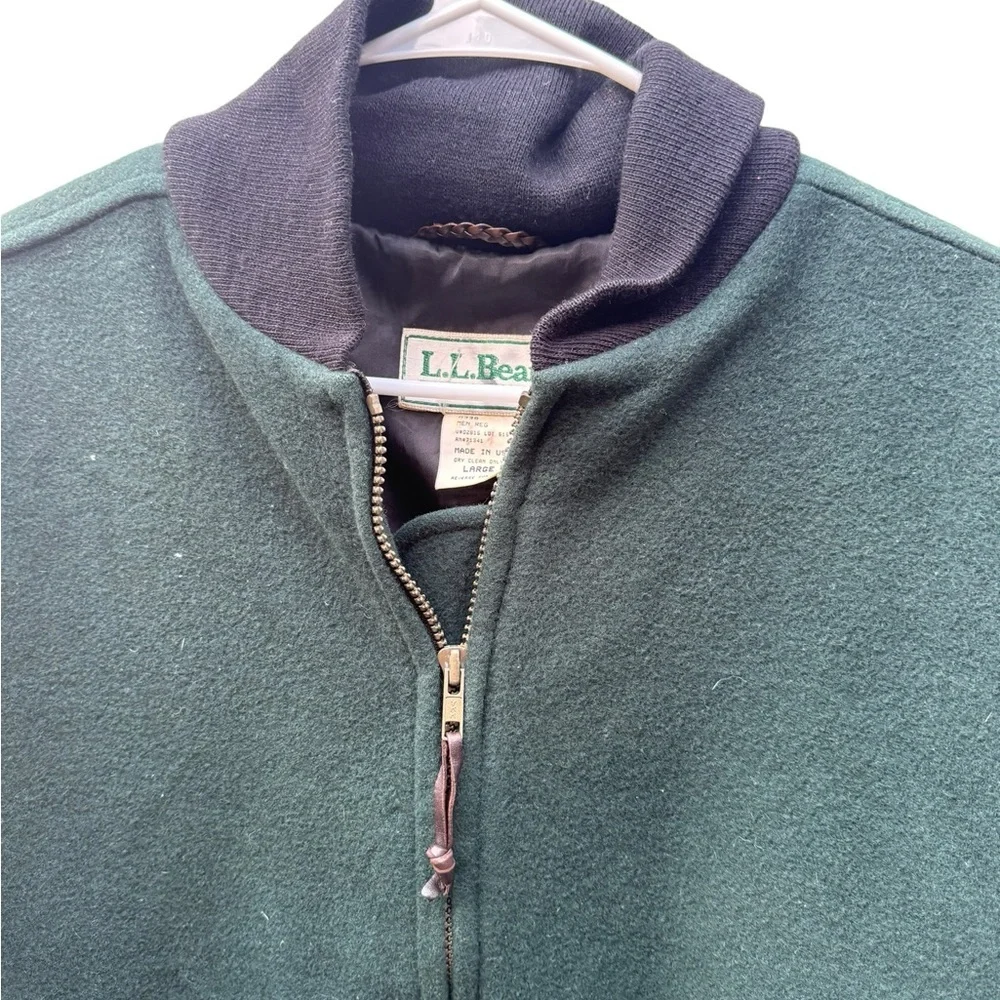 Vtg L.L. Bean 100% Wool Bomber Jacket Spruce Green Full Zip Lined USA Large